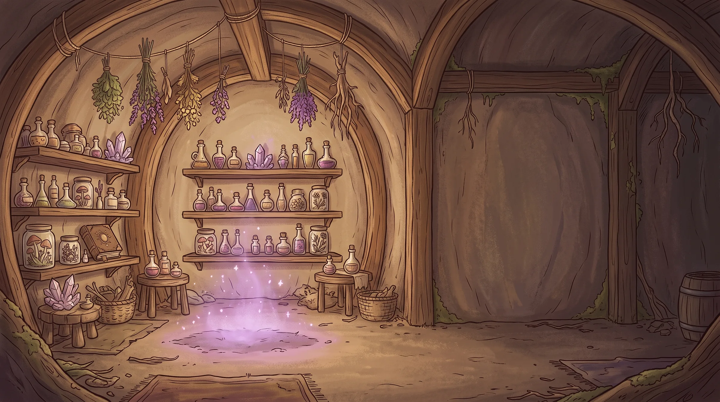 A potion room with shelves of glowing bottles, crystals and hanging herbs