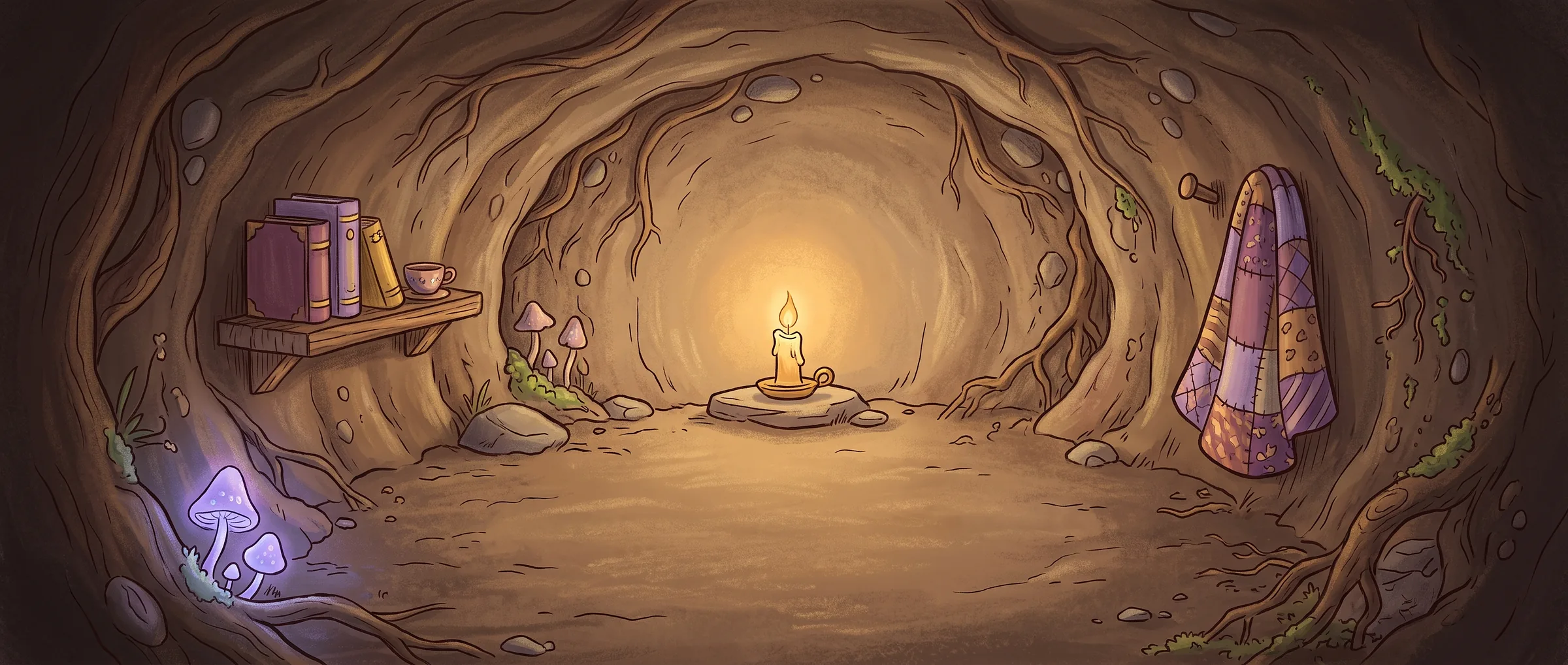 A tiny sleeping nook carved into the earth, lit by a single candle on a stone